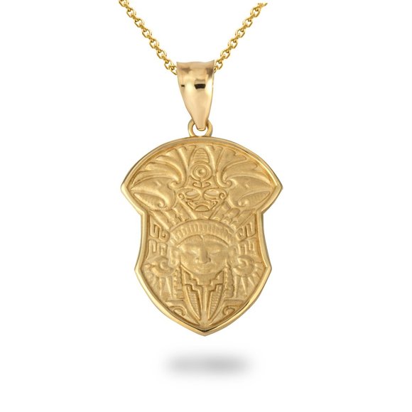 10K Solid Gold Mayan Tribe Shield Pendant Necklace - Yellow Rose or White